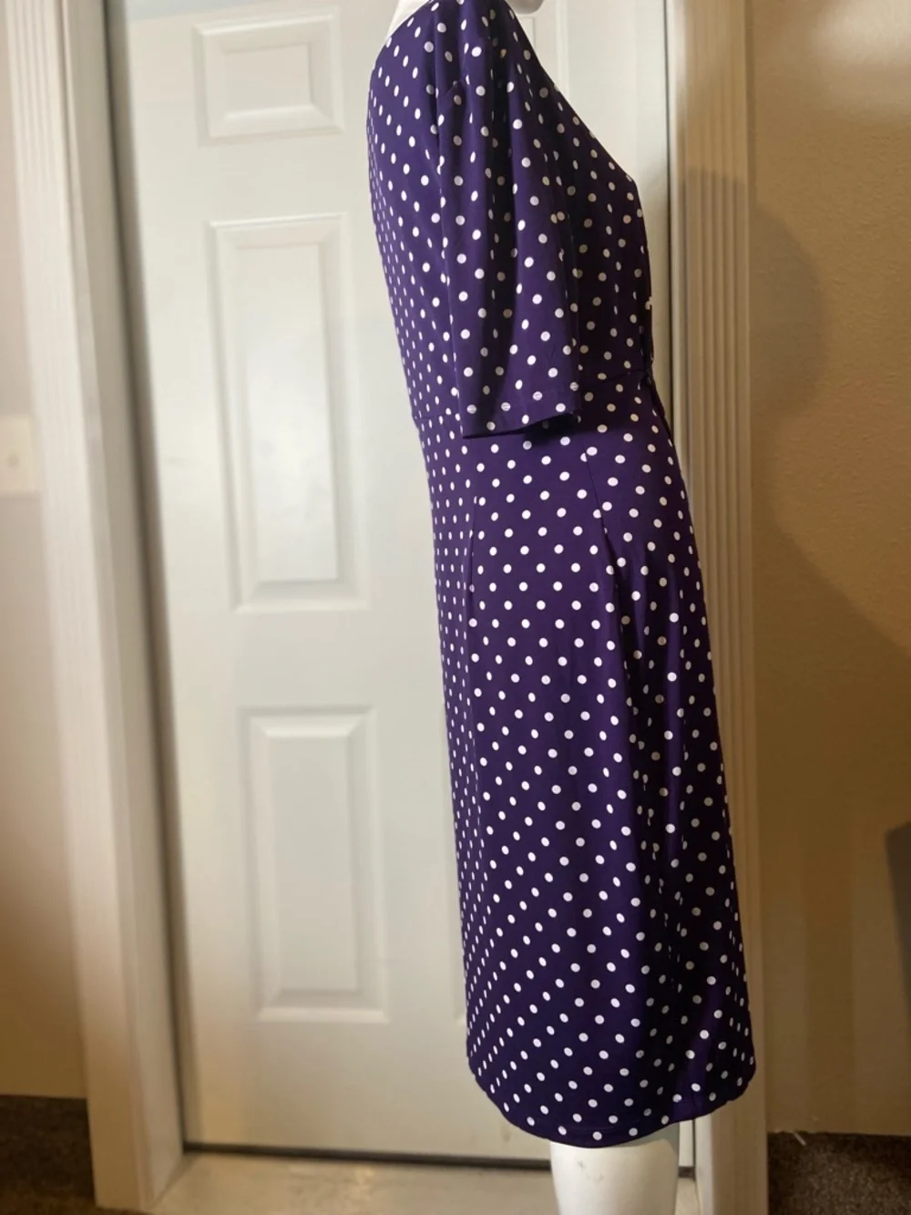 Connected Apparel~Polka Dot~Wrap Dress~Sunburst Side Pleats~1/2 Sleeve~Size 16